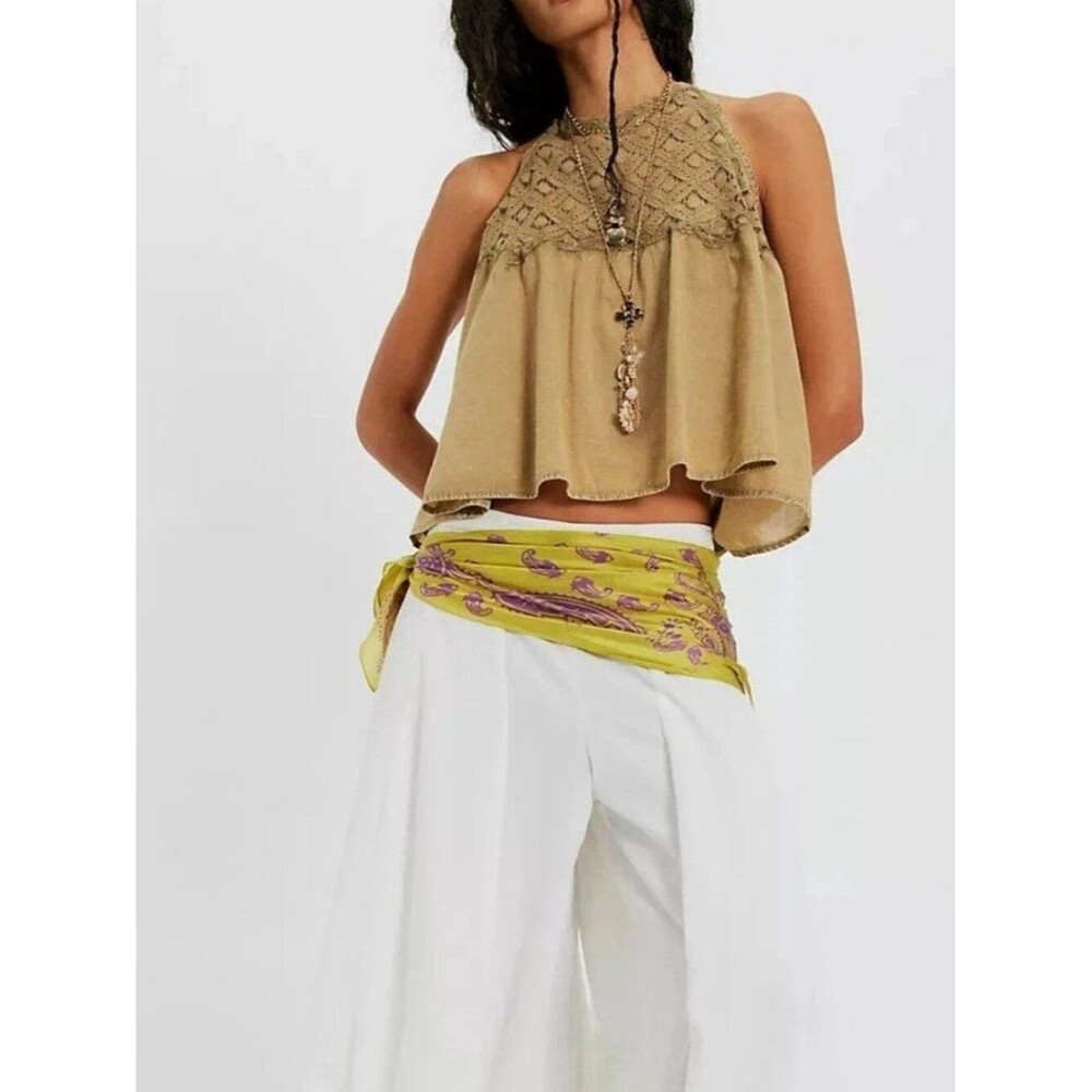 Free People Wandering Light Blouse Top Lace Cutout Tank Green Cotton M 290331